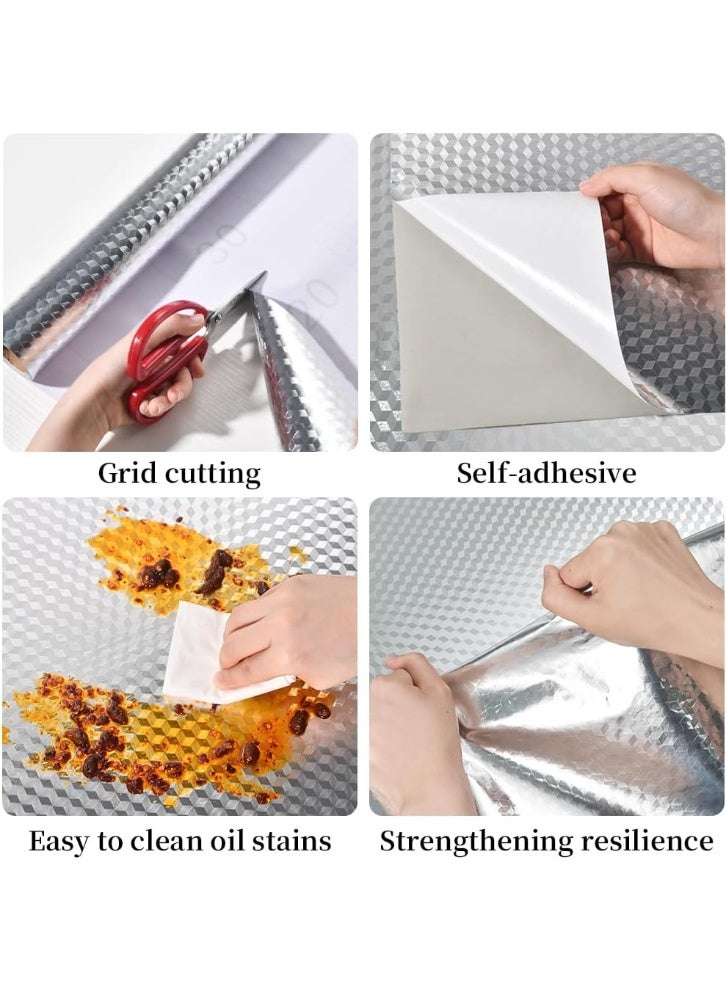 DELGREEN 1 Roll Kitchen Wallpaper Oil Proof Waterproof Sticker Aluminum Foil Self-Adhesive Paper Silver Cabinet Liner Heat Resistant Peel and Stick Backsplash - Image 2