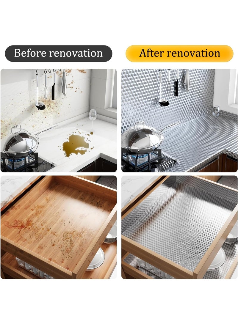 DELGREEN 1 Roll Kitchen Wallpaper Oil Proof Waterproof Sticker Aluminum Foil Self-Adhesive Paper Silver Cabinet Liner Heat Resistant Peel and Stick Backsplash - Image 3