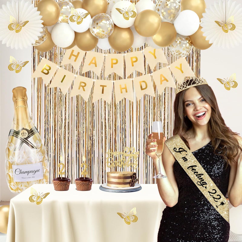 Juesly 22nd Birthday Decorations, Champagne Gold Happy 22 Birthday Decorations with Sash and Crown, Banner, Fringe Curtains, Hanging Paper Fans, 22 Year Old Gifts - Image 2