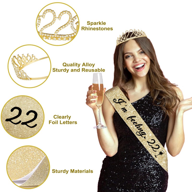 Juesly 22nd Birthday Decorations, Champagne Gold Happy 22 Birthday Decorations with Sash and Crown, Banner, Fringe Curtains, Hanging Paper Fans, 22 Year Old Gifts - Image 4