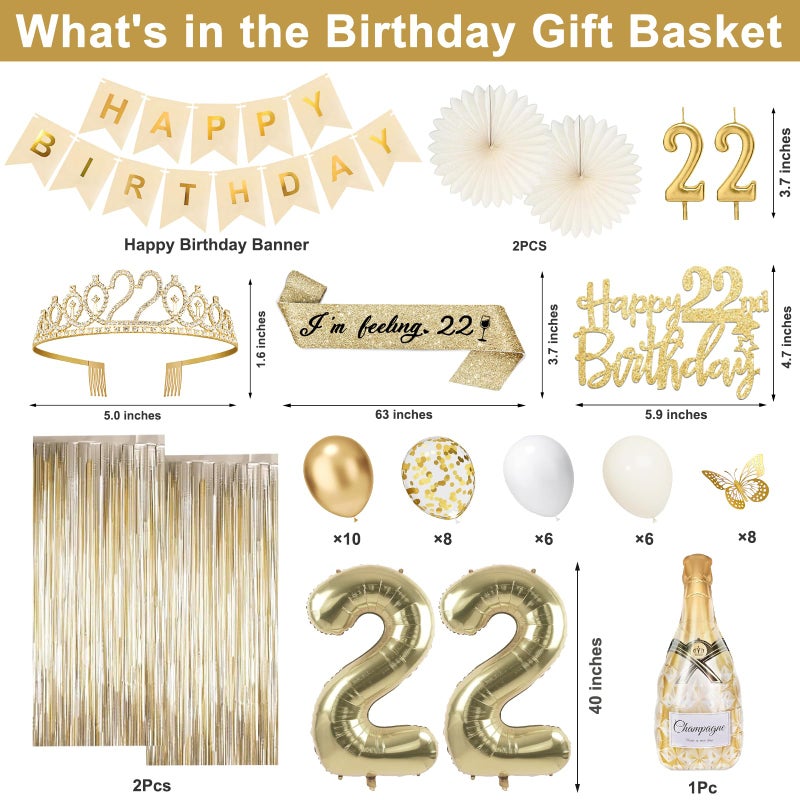 Juesly 22nd Birthday Decorations, Champagne Gold Happy 22 Birthday Decorations with Sash and Crown, Banner, Fringe Curtains, Hanging Paper Fans, 22 Year Old Gifts - Image 3