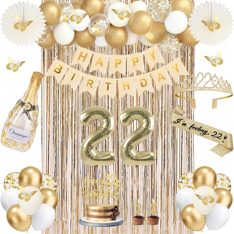 Juesly 22nd Birthday Decorations, Champagne Gold Happy 22 Birthday Decorations with Sash and Crown, Banner, Fringe Curtains, Hanging Paper Fans, 22 Year Old Gifts - Image 1