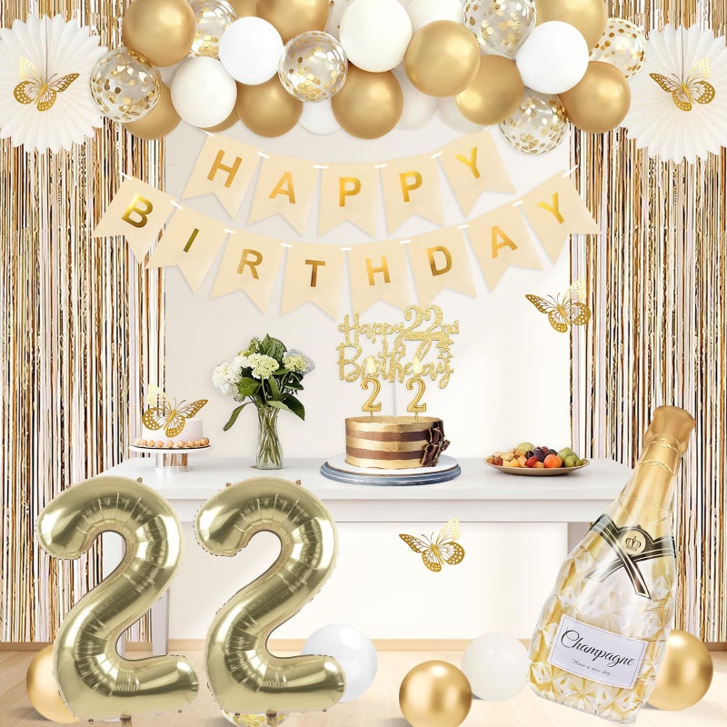 Juesly 22nd Birthday Decorations, Champagne Gold Happy 22 Birthday Decorations with Sash and Crown, Banner, Fringe Curtains, Hanging Paper Fans, 22 Year Old Gifts - Image 5
