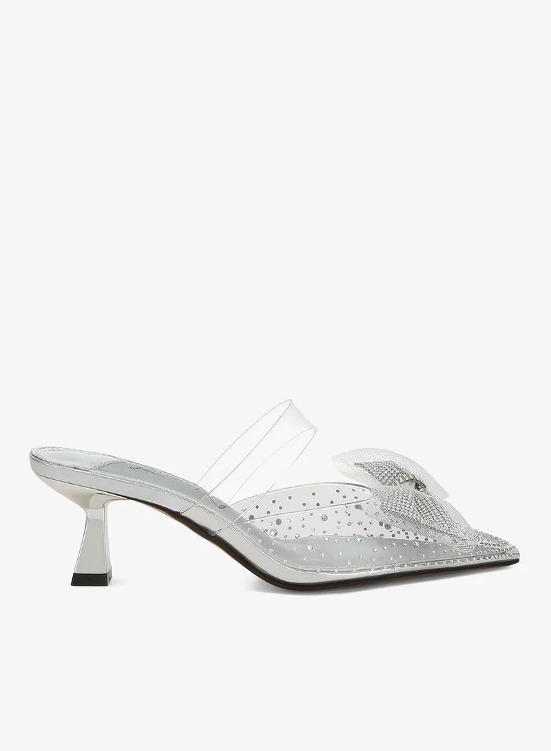 Embellished Bow Kitten Heels in Silver