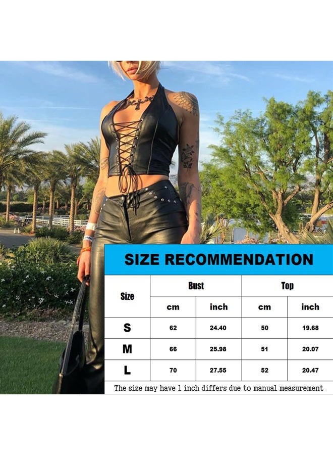 FlyCC Women's Adjustable Spaghetti Straps PU Leather Bustier Crop Tube Top Black a - Image 2