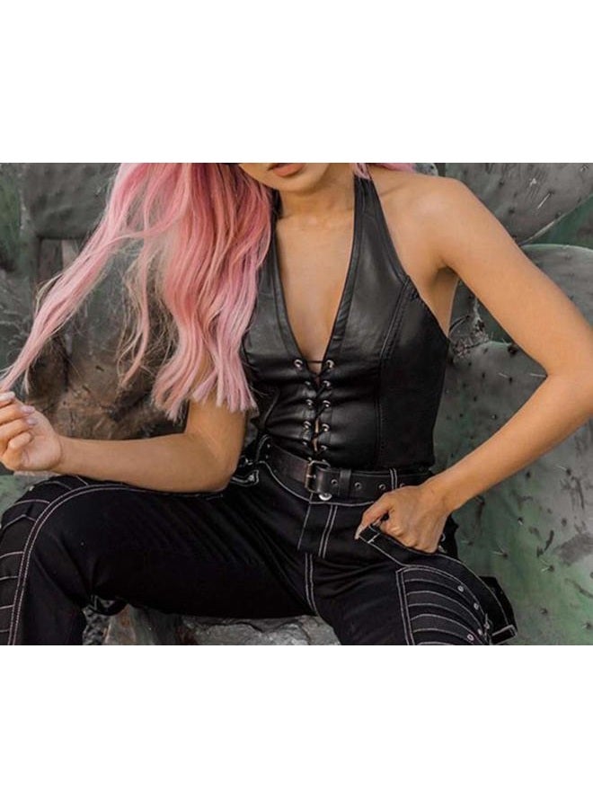 FlyCC Women's Adjustable Spaghetti Straps PU Leather Bustier Crop Tube Top Black a - Image 3