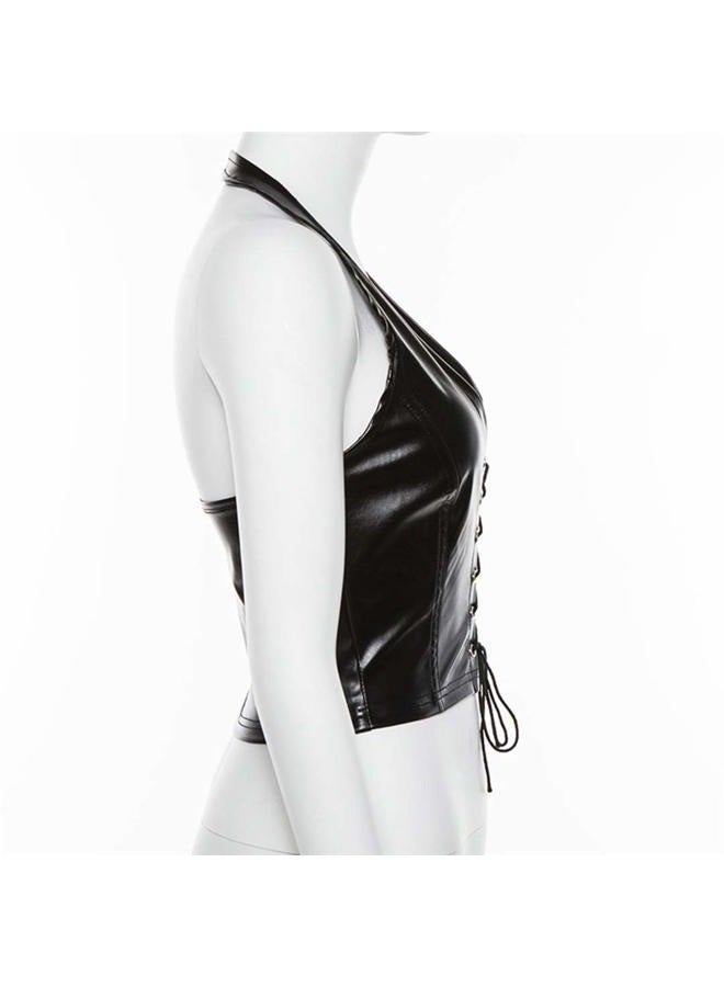 FlyCC Women's Adjustable Spaghetti Straps PU Leather Bustier Crop Tube Top Black a - Image 5