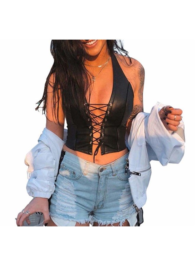 FlyCC Women's Adjustable Spaghetti Straps PU Leather Bustier Crop Tube Top Black a - Image 1