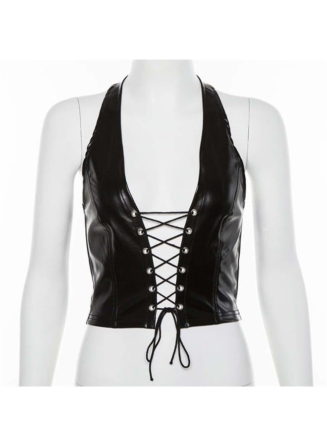 FlyCC Women's Adjustable Spaghetti Straps PU Leather Bustier Crop Tube Top Black a - Image 4