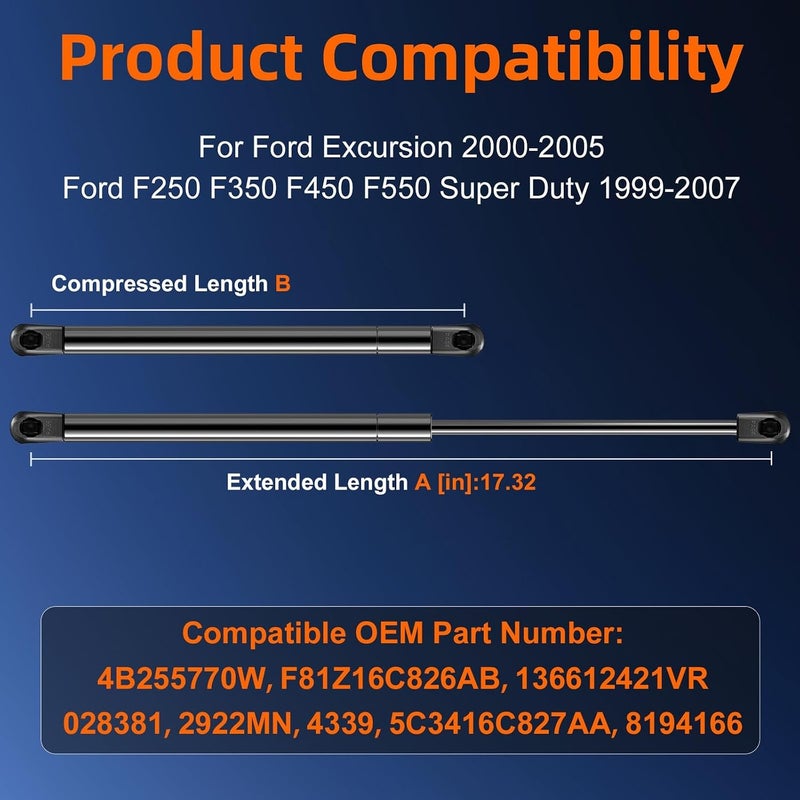 Euplokeer Qty (2) F81Z16C826AA Hood Strut Lift Support Compatible with Ford F250 F350 F450 F550 Super Duty 1999-2007, Bonnet Gas Shock Spring Fits for Ford Excursion 2000-2005 Replace OE#4B255770 4339 - Image 2