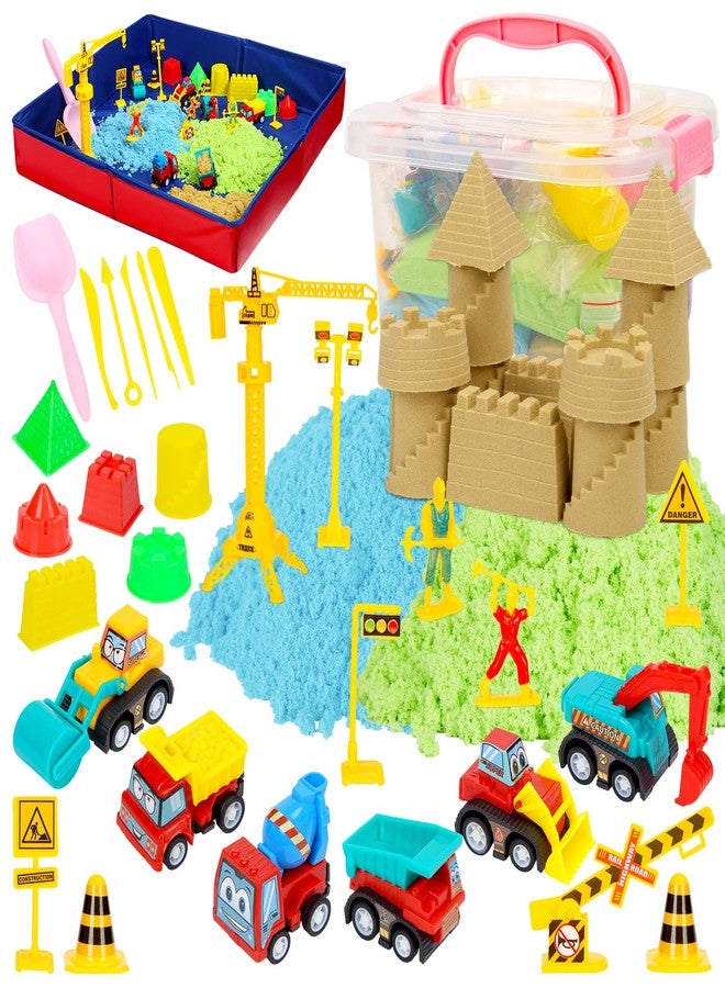 ThinkMax Sand Set for Kids, 6 Mini Construction Trucks, Castle Sand Molds, Tools & Signs, Foldable Storage Bin, 43PCS Set for Boys & Girls - Image 1