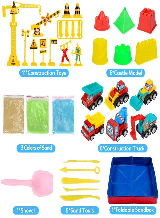 ThinkMax Sand Set for Kids, 6 Mini Construction Trucks, Castle Sand Molds, Tools & Signs, Foldable Storage Bin, 43PCS Set for Boys & Girls - Image 3