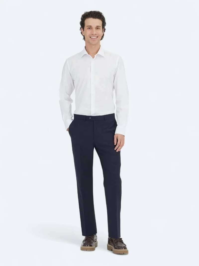Kip Navy Blue Weaving Fitted Fit Classical Wool Blended Trousers