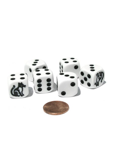 Set of 6 Cat Dice 16mm D6 Rounded Edge Koplow Animal Dice- White with Black Pips