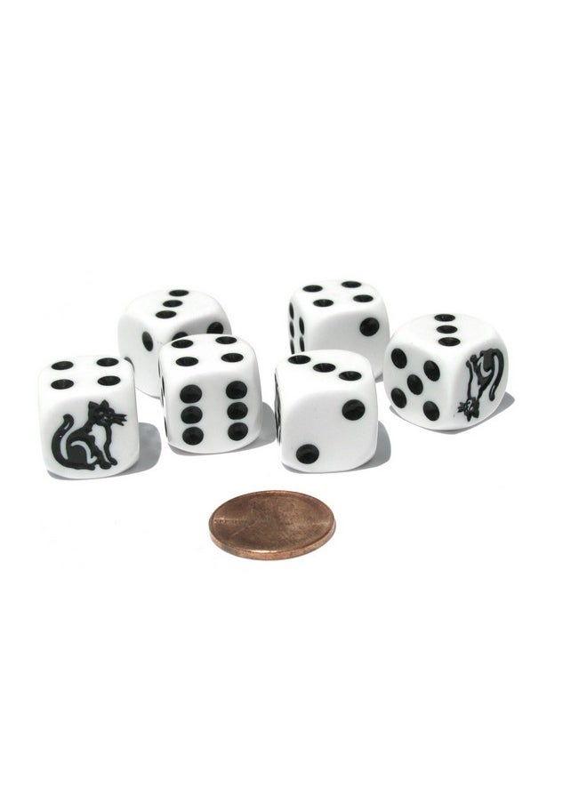 Set of 6 Cat Dice 16mm D6 Rounded Edge Koplow Animal Dice- White with Black Pips