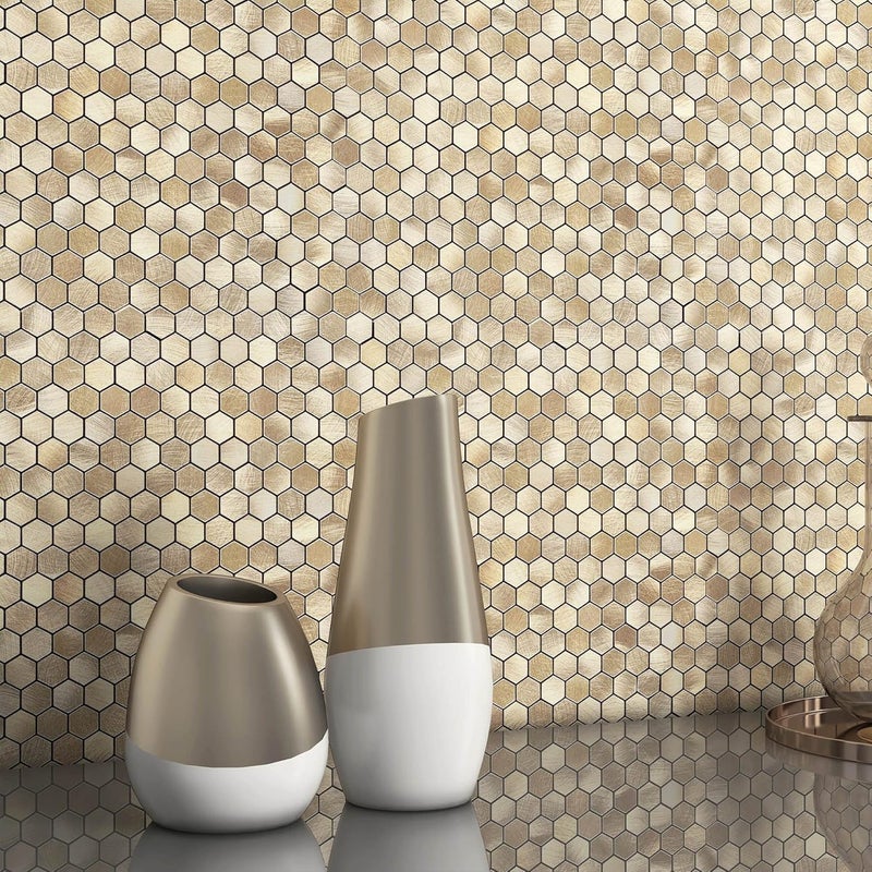 Benice Stick on Mosaic Tiles Kitchen Backsplash Stickers,Aluminium Tile Small Tiles Metal Hexagon Tiles Stickers(5sheets,Champagne Gold) - Image 1