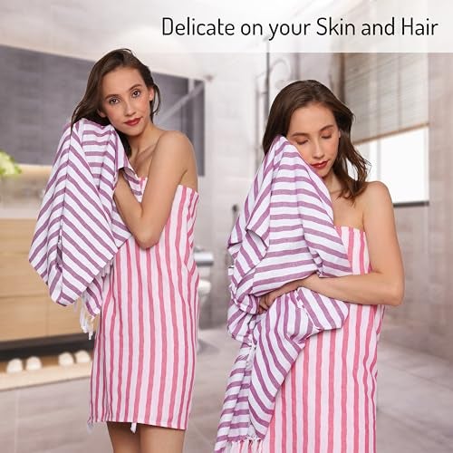 PATVY Bath Towels| Light Weight Turkish Style Stripe Bath Towels for Men Large Size Cotton|70 x 150cm Quick Absorption &Faster Drying Bath Towel for Women (Teal Blue, Pink, Grape, Pack of 3) - Image 4