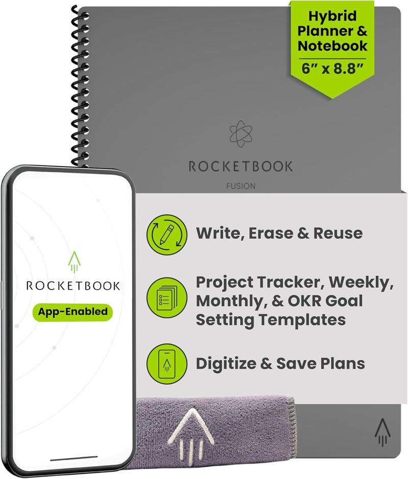 Rocketbook Fusion Reusable Smart Planner and Notebook in Deep Space Gray, 6 inch x 8.8 inch, 42 Page, Blank Book for Productivity - Image 1