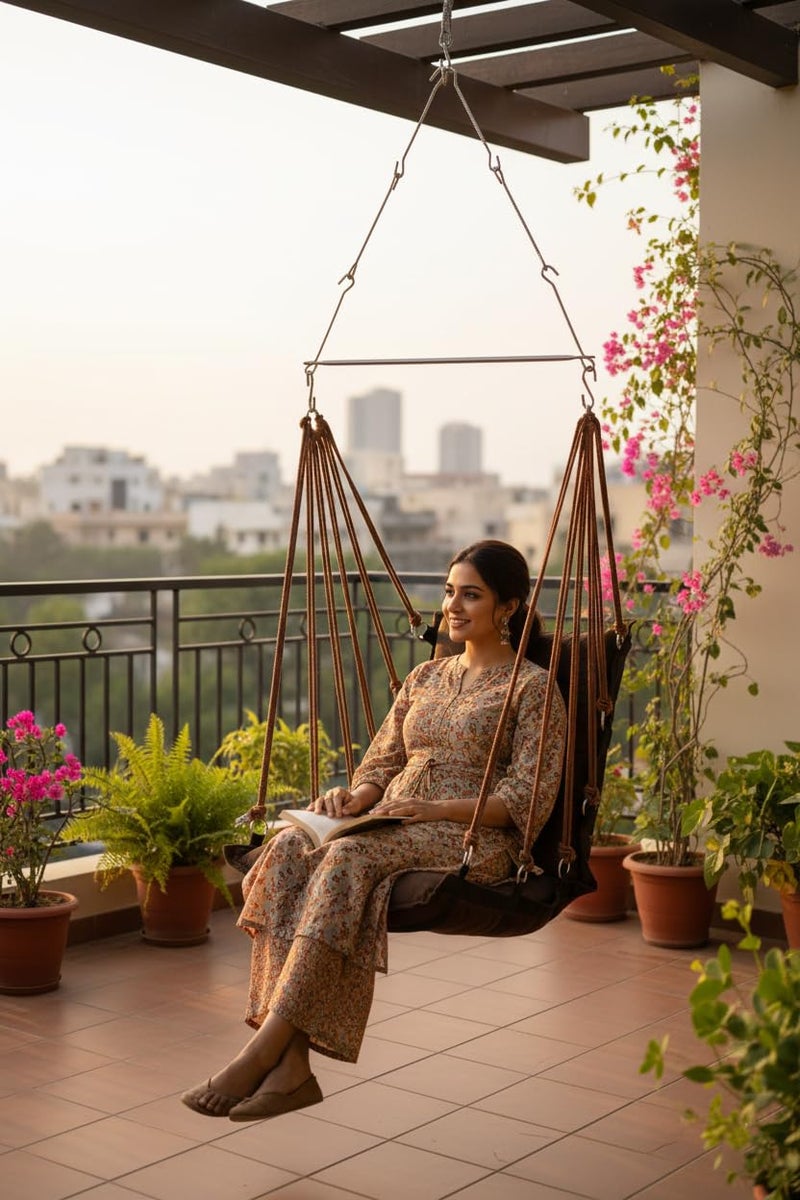 Patiofy Cotton Hanging Jhula For Adults/Jhula For Home/Swing For Adults For Home/Swing For Balcony/Unjal For Home Adults/Weight Capacity Upto 150Kgs (Dark-Brown) - Image 1