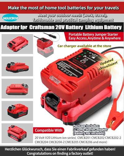 MAKBOS Car Jump Starter Adapter for Craftsman 20V BatteryUp to 35L Gas or 65L Diesel Engines12V Portable Car Jump Starter BatteryAutomotive Booster Battery Jumper Cables for Car Battery Charging Charger - Image 3
