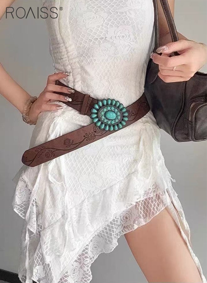 رويس حزام نسائي غربي باللون الفيروزي، حزام من جلد البولي يوريثان المنقوش، حزام مزين بأحجار هندسية بنمط بوهيمي مناسب للجينز والسراويل الكاجوال والفساتين - Image 5