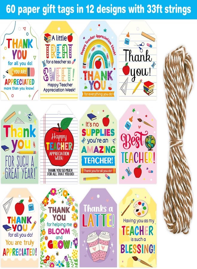 ceiba tree 60pcs Thank You Teachers Tags with String Gifts Hanging Tags Labels Happy Teachers Appreciation Week Boxes Bags Wrapping Supplies - Image 2