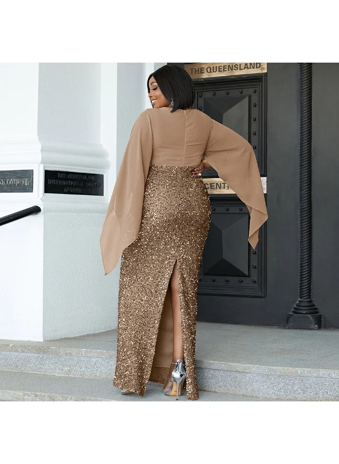 Madam Uniq Gold Plus Size Elegant Long Sequin V-Neck Evening Gown