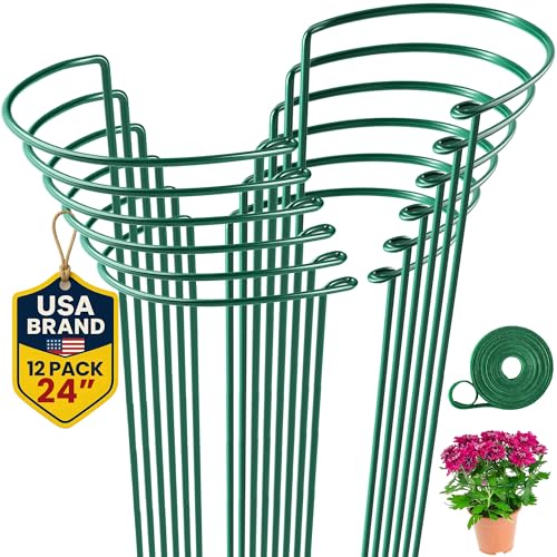 K-Brands 12 Pack Tall Snake Plant Support Stakes – 10" W x 24" H Half Round Peony Cages and Supports for Indoor and Outdoor Plants – Plant Cage Ring Support for Flower - Peony, Tomato, Hydrangea, Rose Bush - Image 1