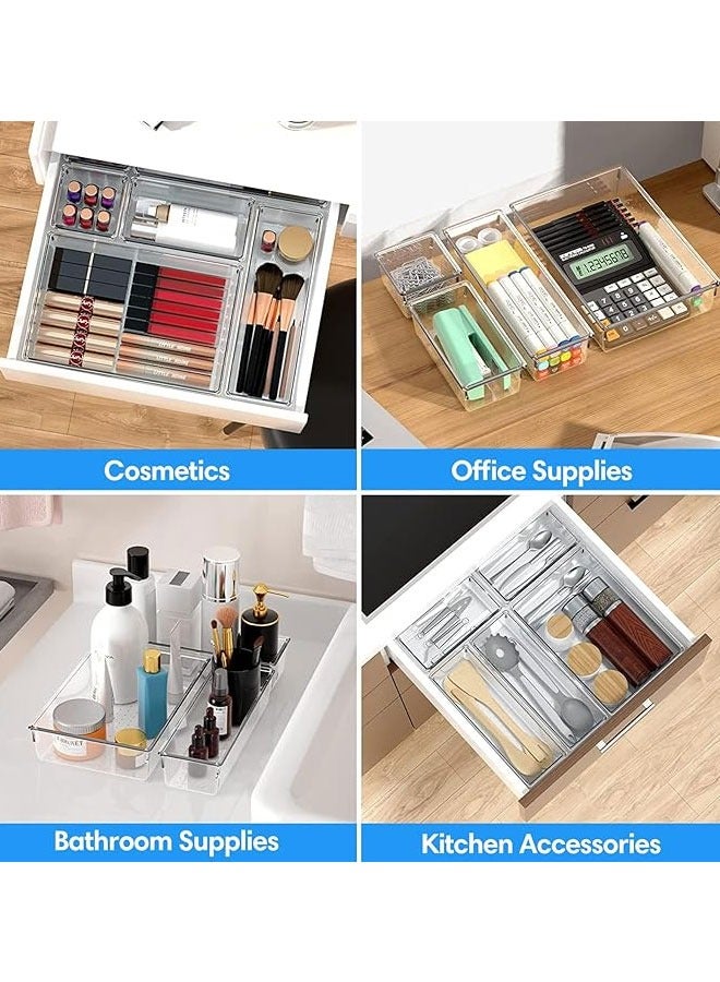 BOUND MOAT 16Pcs Desk Drawer Organizers Trays Set Clear Plastic Storage Bins Bathroom Drawer Tray Dividers Vanity Trays Organizer for Bedroom Dresser Makeup Kitchen Utensil Office - Image 5