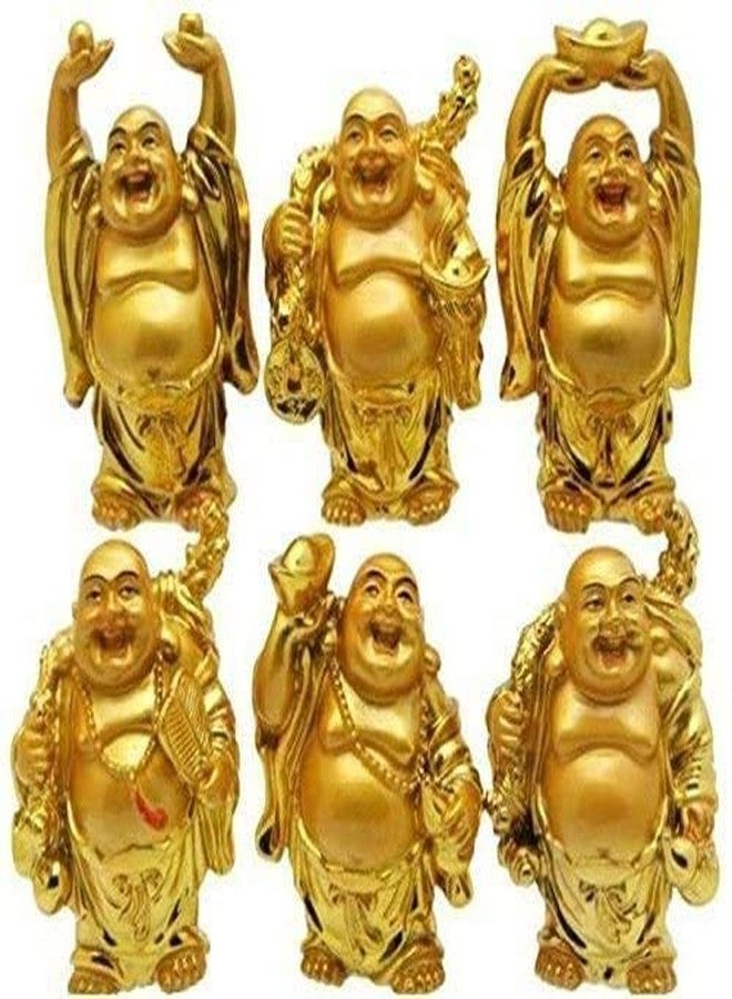 KIRINVEDA Feng Shui Golden Buddha Laughing for Health and Wealth Happiness Showpiece Gift Statue (Golden) | Set of 6 - Image 1