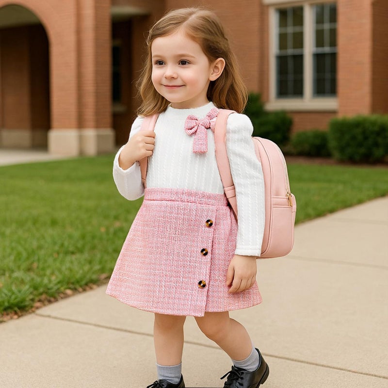 TITKKOP Toddler Girl Plaid Outfits Fall Winter Dress Knit Ribbed Bow Sweatshirt Tops and Button Fashion Skirts Setï¼ˆWhite+Pink,3T - Image 3