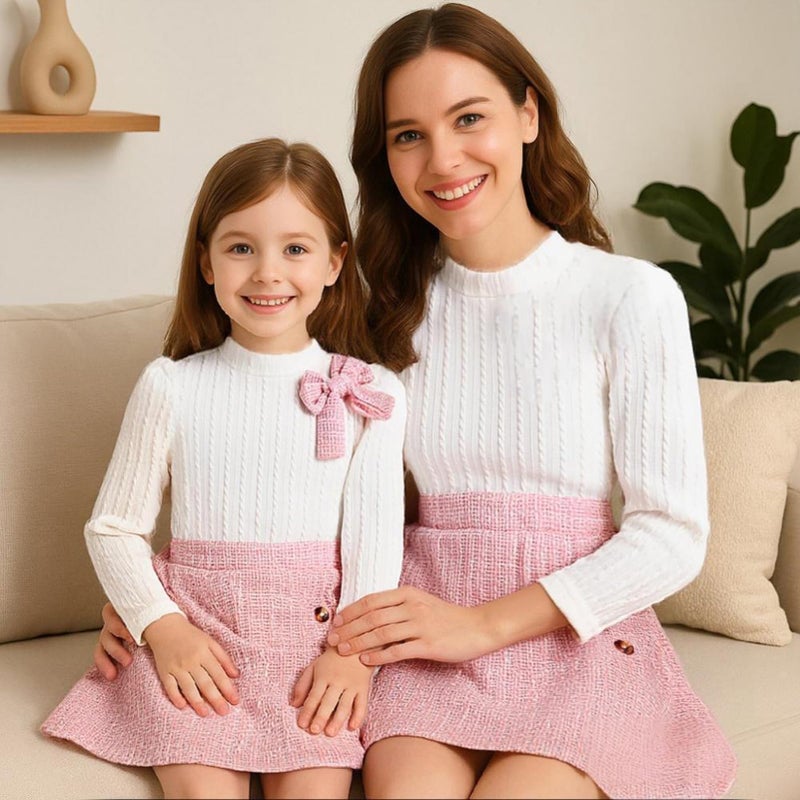 TITKKOP Toddler Girl Plaid Outfits Fall Winter Dress Knit Ribbed Bow Sweatshirt Tops and Button Fashion Skirts Setï¼ˆWhite+Pink,3T - Image 4
