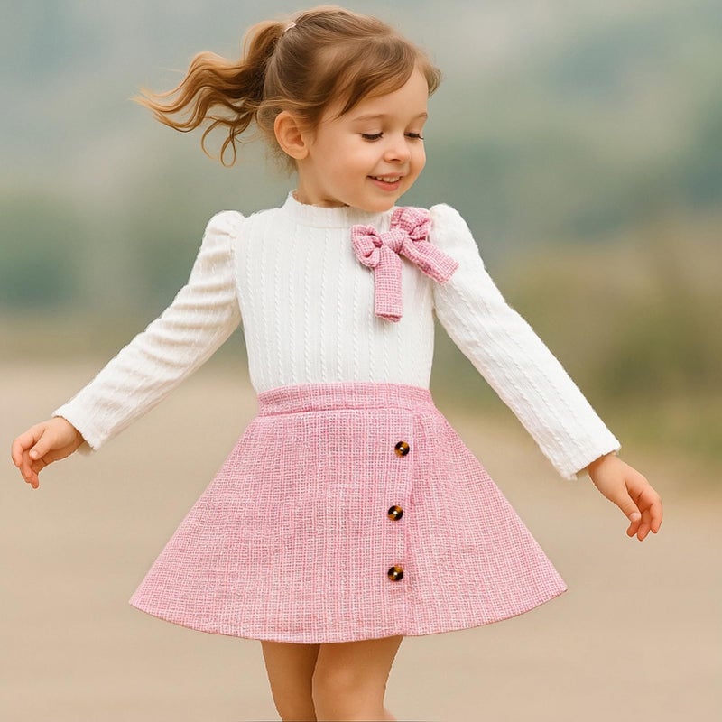 TITKKOP Toddler Girl Plaid Outfits Fall Winter Dress Knit Ribbed Bow Sweatshirt Tops and Button Fashion Skirts Setï¼ˆWhite+Pink,3T - Image 2