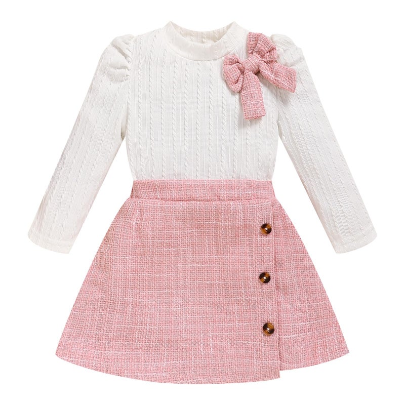 TITKKOP Toddler Girl Plaid Outfits Fall Winter Dress Knit Ribbed Bow Sweatshirt Tops and Button Fashion Skirts Setï¼ˆWhite+Pink,3T - Image 1