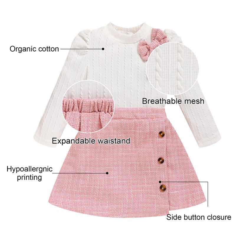 TITKKOP Toddler Girl Plaid Outfits Fall Winter Dress Knit Ribbed Bow Sweatshirt Tops and Button Fashion Skirts Setï¼ˆWhite+Pink,3T - Image 5