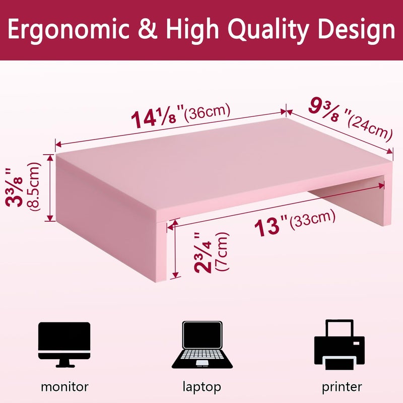 TEAMIX Pink Monitor Stand Riser, Wood Monitor Riser with Storage for Desk Small Monitor Stand TV/Screen/PC/Laptop Riser Computer Stand Desktop Shelf (Pink-14.2 inch) - Image 4