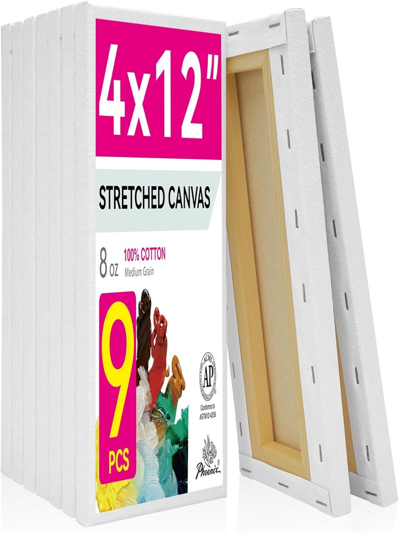 Phoenix Skinny Stretched Canvas for Painting 4x12 Inch/9 Value Pack, 8 Oz Triple Primed 5/8 Inch Profile 100% Cotton White Blank Canvas, Rectangular Framed Canvas for Oil Acrylic & Pouring Art - Image 1