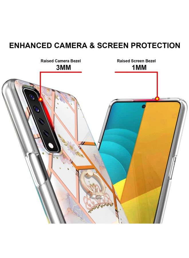 S-TOP Case For LG Stylo 7 Electroplating Splicing Marble Flower Pattern TPU Shockproof Case with Rhinestone Ring Holder - Image 3