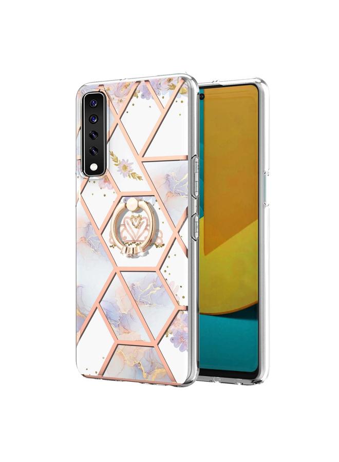 S-TOP Case For LG Stylo 7 Electroplating Splicing Marble Flower Pattern TPU Shockproof Case with Rhinestone Ring Holder - Image 2