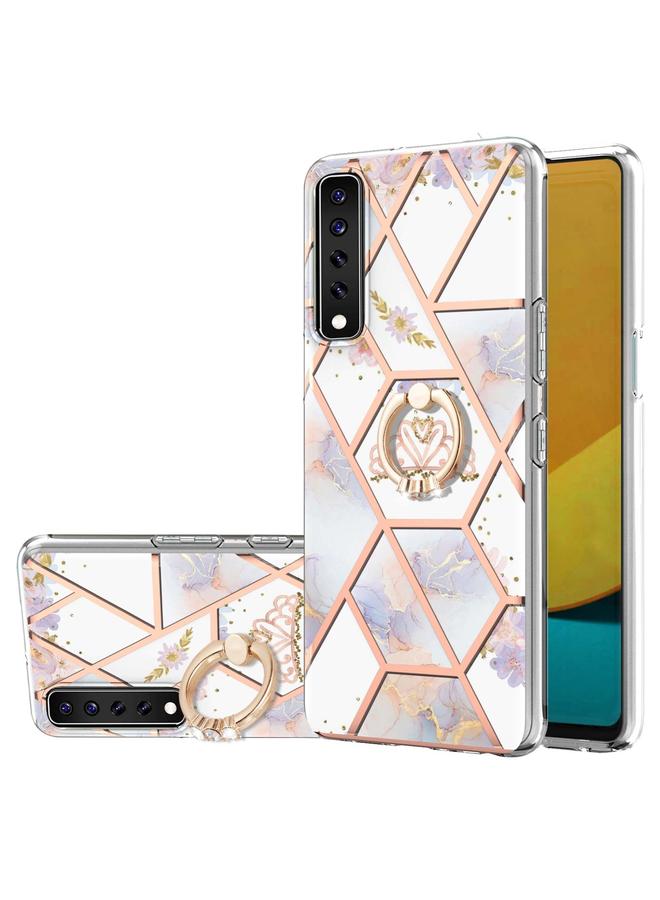 S-TOP Case For LG Stylo 7 Electroplating Splicing Marble Flower Pattern TPU Shockproof Case with Rhinestone Ring Holder - Image 1