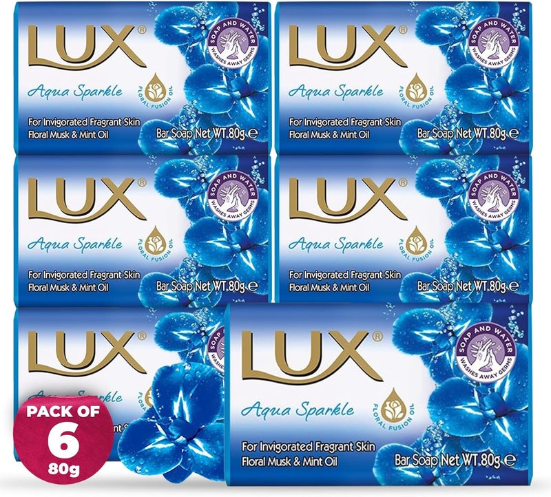LUX Blue Aqua Beauty Soap Bar Indulgent Skincare for Face Hands Body Enriched for Smooth Radiant Skin Gentle Daily Bath Shower Soap wFresh Fragrance Men Women 80g x 6