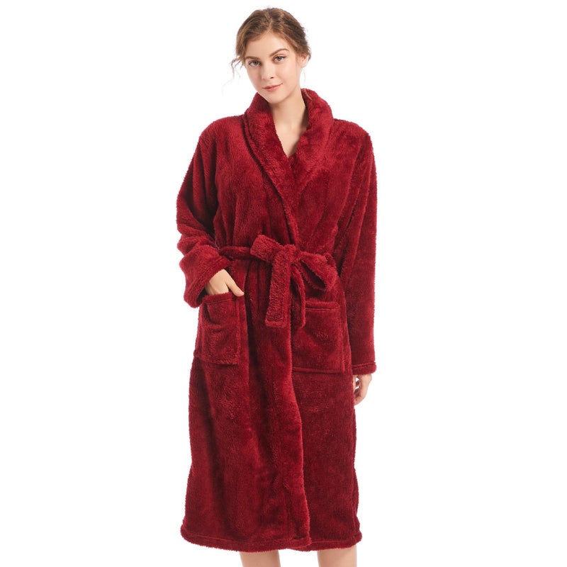 Inner Wish Womens Plush Fleece Robe, Cozy Warm Bathrobe Fuzzy Female Spa Robe With Pockets, BURGUNDY,L/XL - Image 1