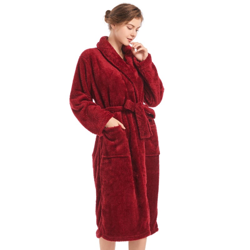 Inner Wish Womens Plush Fleece Robe, Cozy Warm Bathrobe Fuzzy Female Spa Robe With Pockets, BURGUNDY,L/XL - Image 2
