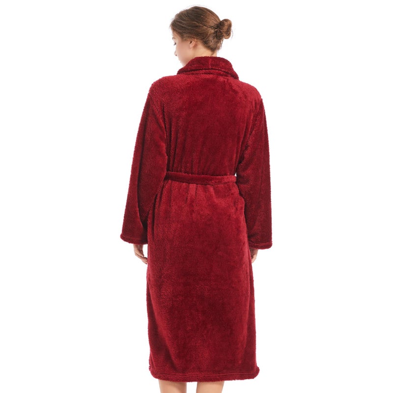 Inner Wish Womens Plush Fleece Robe, Cozy Warm Bathrobe Fuzzy Female Spa Robe With Pockets, BURGUNDY,L/XL - Image 3