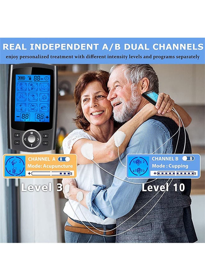 36 وضعًا مزدوج القناة TENS محفز العضلات EMS نبض قابلة لإعادة الشحن آلة تدليك الوخز بالإبر لكامل الجسم مع 10 وسادات - Image 3