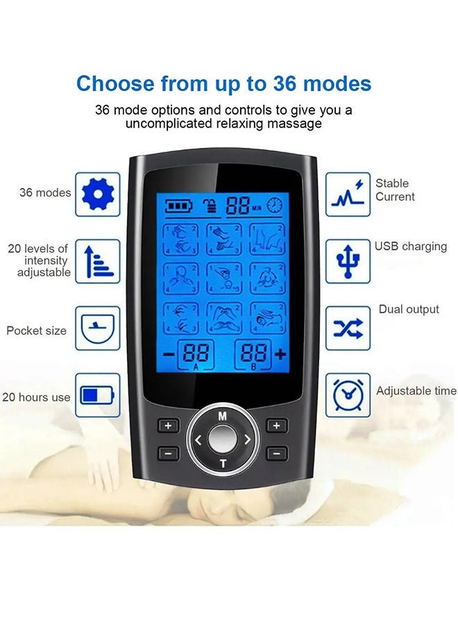 36 وضعًا مزدوج القناة TENS محفز العضلات EMS نبض قابلة لإعادة الشحن آلة تدليك الوخز بالإبر لكامل الجسم مع 10 وسادات - Image 4