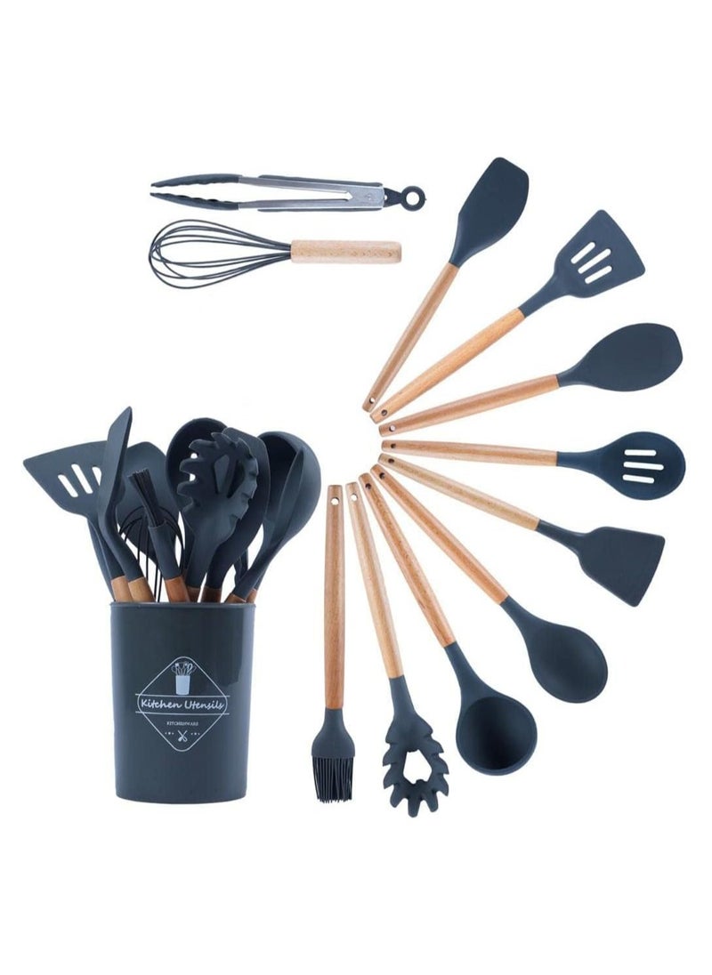 JAJEEK Silicone Kitchen Utensils Set – 12-Piece Heat-Resistant Cooking Tools with Holder, Nonstick Tongs, Spatulas & More – Dishwasher Safe, Easy to Clean – Grey - Image 1