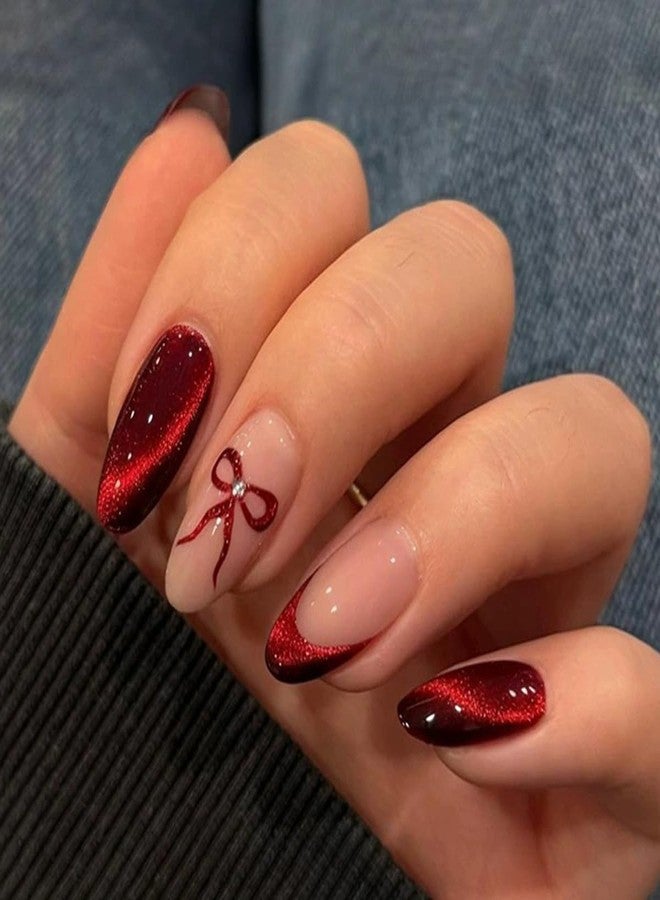 SINSEN Short Press on Nails Almond French Fake Nails with Bow Design Glossy Red Cat-eye Design Acrylic Full Cover Valentines Glue on Nails Artificial Gel False Nail Kit Short Stick on Nails for Women 24PCS - Image 1