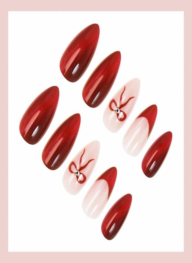 SINSEN Short Press on Nails Almond French Fake Nails with Bow Design Glossy Red Cat-eye Design Acrylic Full Cover Valentines Glue on Nails Artificial Gel False Nail Kit Short Stick on Nails for Women 24PCS - Image 2