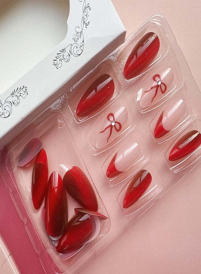 SINSEN Short Press on Nails Almond French Fake Nails with Bow Design Glossy Red Cat-eye Design Acrylic Full Cover Valentines Glue on Nails Artificial Gel False Nail Kit Short Stick on Nails for Women 24PCS - Image 4